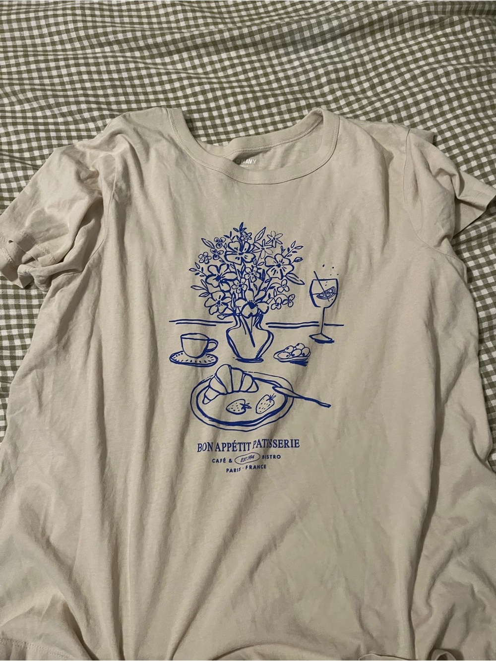 Old Navy Cream EveryWear T-Shirt with Blue Patisserie Illustration